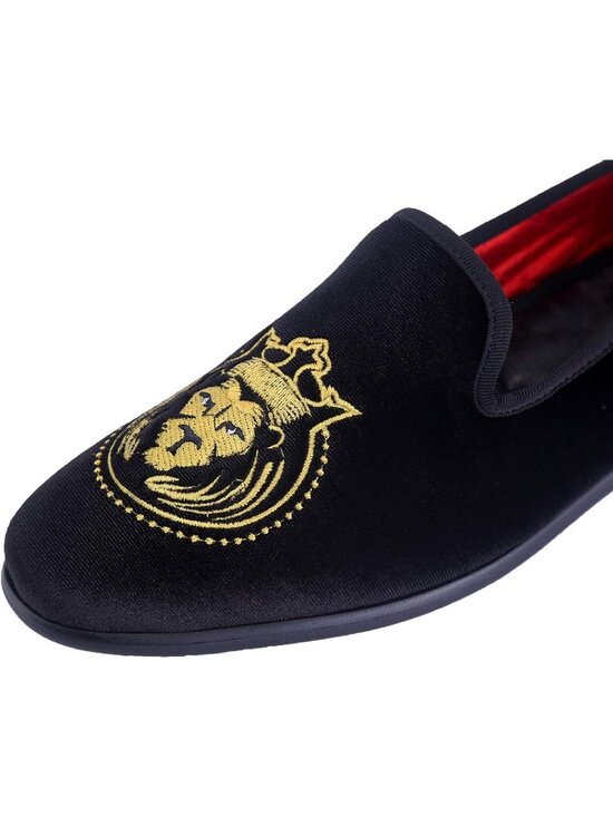 ELANROMAN Men\'s Vintage Black Velvet Loafers Embroidered Lion Crown Party Shoes main image 5